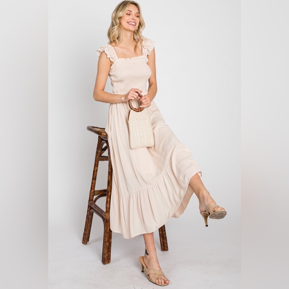NWT Jodifl Women’s Cream Boho Cottage Core Maxi Ruffle Smocked Dress Sz 2X